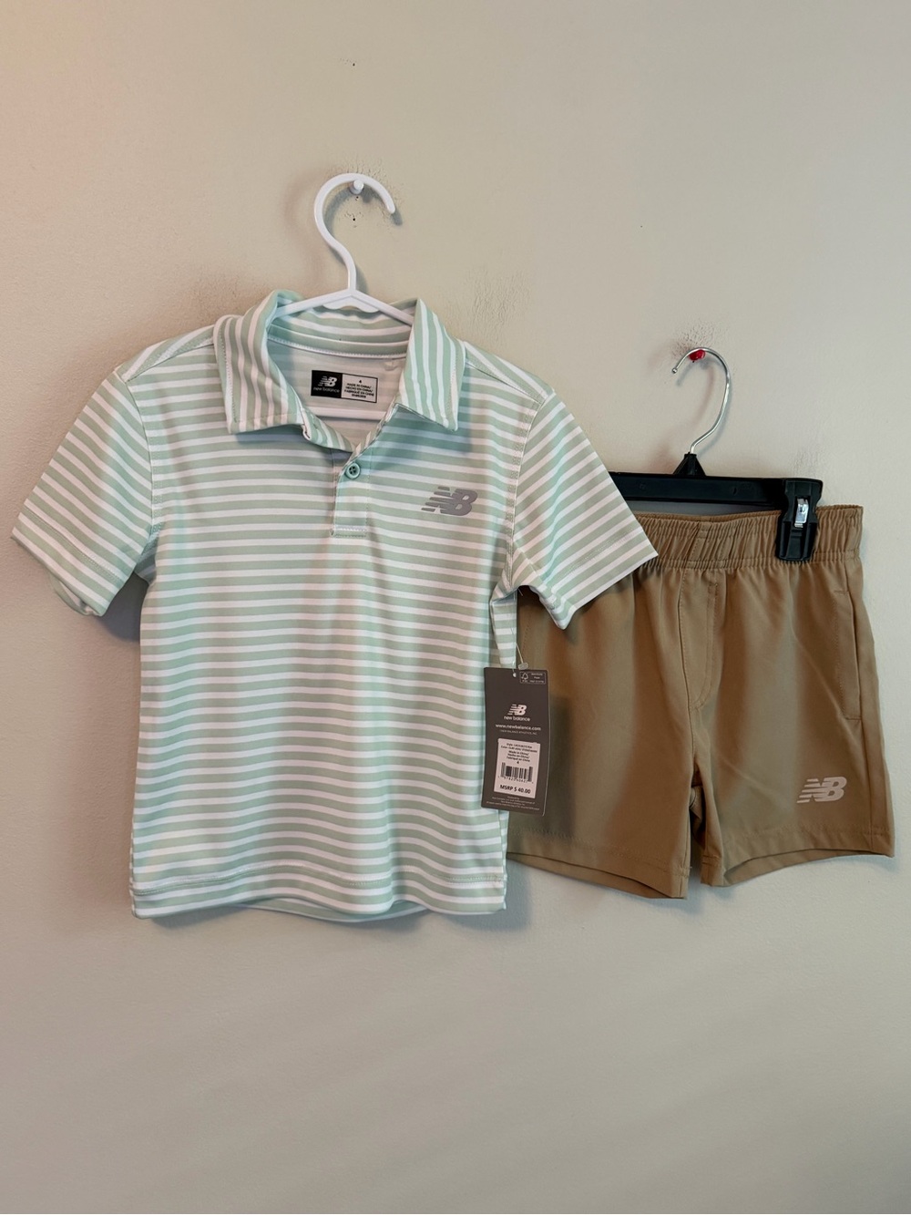 New Balance Kids Mint & White Striped Polo with Tan Athletic Shorts